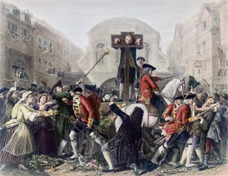 Vue de Daniel Defoe au pilori à Temple Bar entouré par une foule